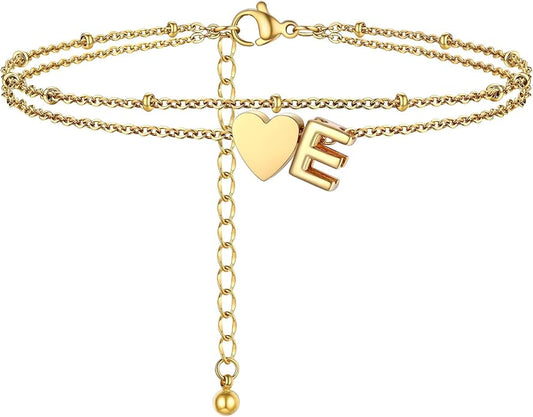 Initial Ankle Bracelets for Women, Dainty Stainless Steel Letter A-Z Layered Anklets, Heart Ankle Bracelet 8.5"-10.5" Adjustable, Summer Beach Jewelry, Come with Box