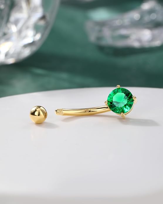 COCHARM 14K Gold Belly Button Rings for Women 14K Yellow Gold Belly Rings Round CZ Real Gold Belly Navel Piercing Jewelry