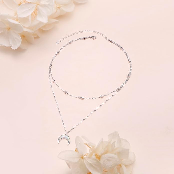 FLYOW Layered Choker Necklace S925 Sterling Silver Star Full Moon Daisy Flower Pendant Disc Jewelry Adjustable Clavicle Necklaces for Women Girls Birthday Gifts
