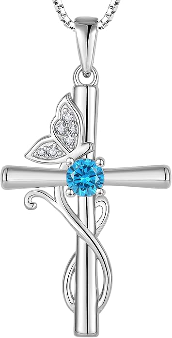 STARCHENIE Butterfly Cross Necklace 925 Sterling Silver Crucifix Pendant Birthstone Jewelry for Women
