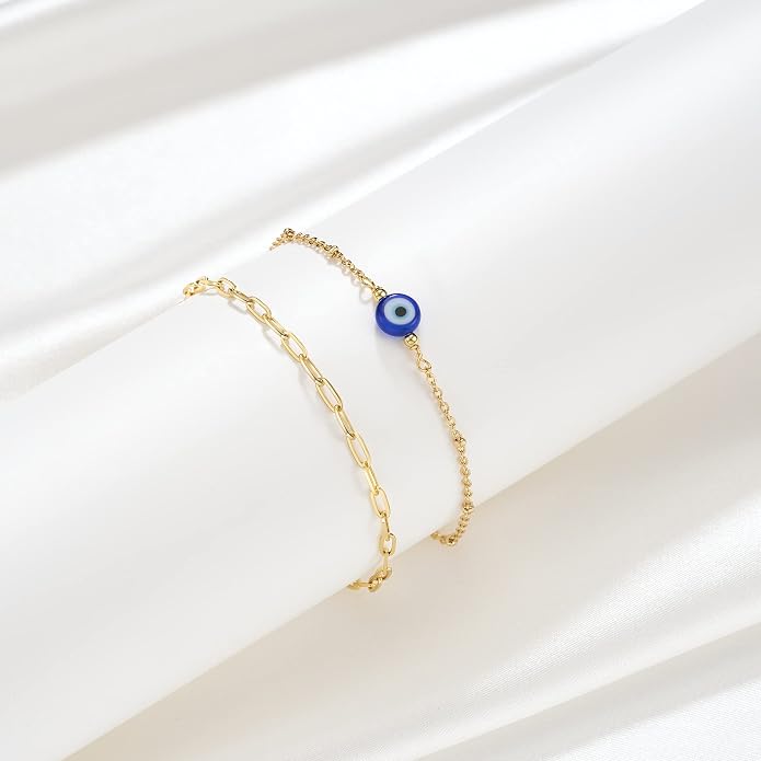Tarsus Gold Plated Evil Eye Bracelet/Anklets Layered Amulet Nazar for Women