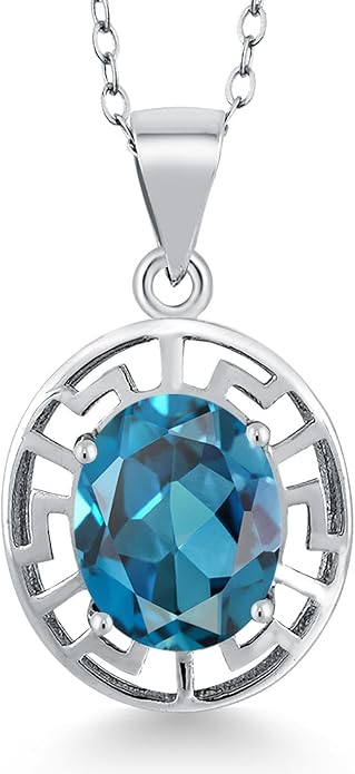 Gem Stone King 925 Sterling Silver 10X8MM Oval Gemstone Birthstone Necklace | Greek Key Pendant Necklace for Women | With 18 Inch Silver Chain