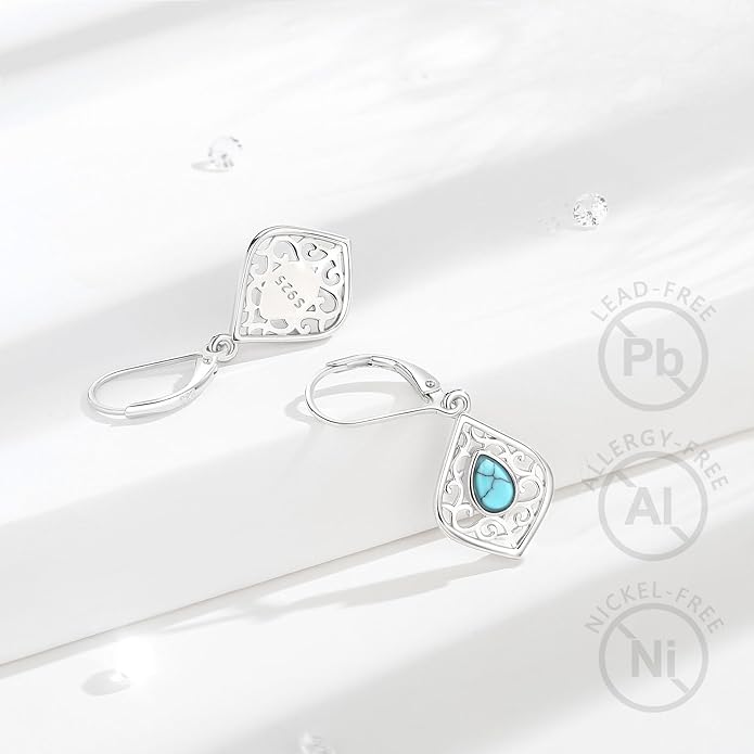 Vito 925 Sterling Silver Teardrop Earrings for Women, Moonstone Turquoise Drop Dangle Earrings Cat Snake Turtle Tree of Life Leverback Earrings Boho Jewelry Gift for Mom Wife