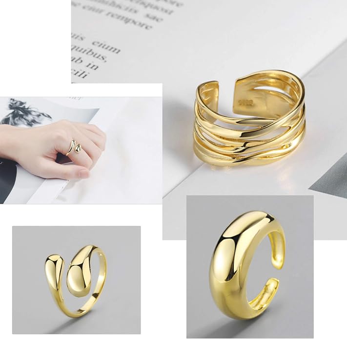 YBMYCM 3-10Pcs Dome Rings Set Chunky Gold Ring for Women Men 14k Gold Plated Thick Adjustable Statement Ring Gold/Silver