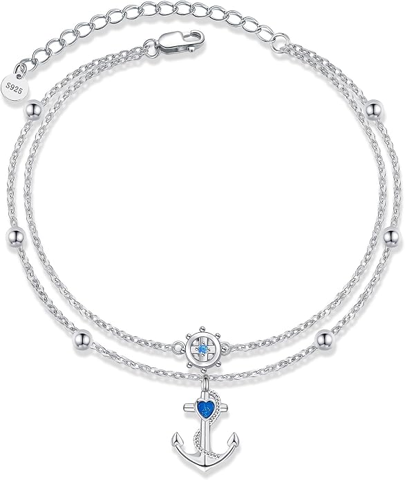 YFN Anchor Anklet 925 Sterling Silver Anchor and Ship Wheel Layered Ankle Bracelet Nautical Sailor Jewelry Gifts for Women