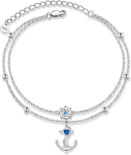 YFN Anchor Anklet 925 Sterling Silver Anchor and Ship Wheel Layered Ankle Bracelet Nautical Sailor Jewelry Gifts for Women