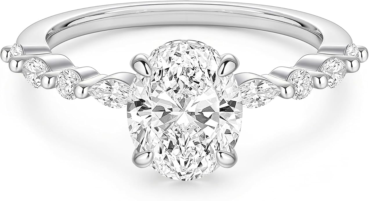 EAMTI 3 Carats 925 Sterling Silver Ring Oval Cut Cubic Zirconia Engagement Solitaire Marquise Promise Ring for Women Size 3-13