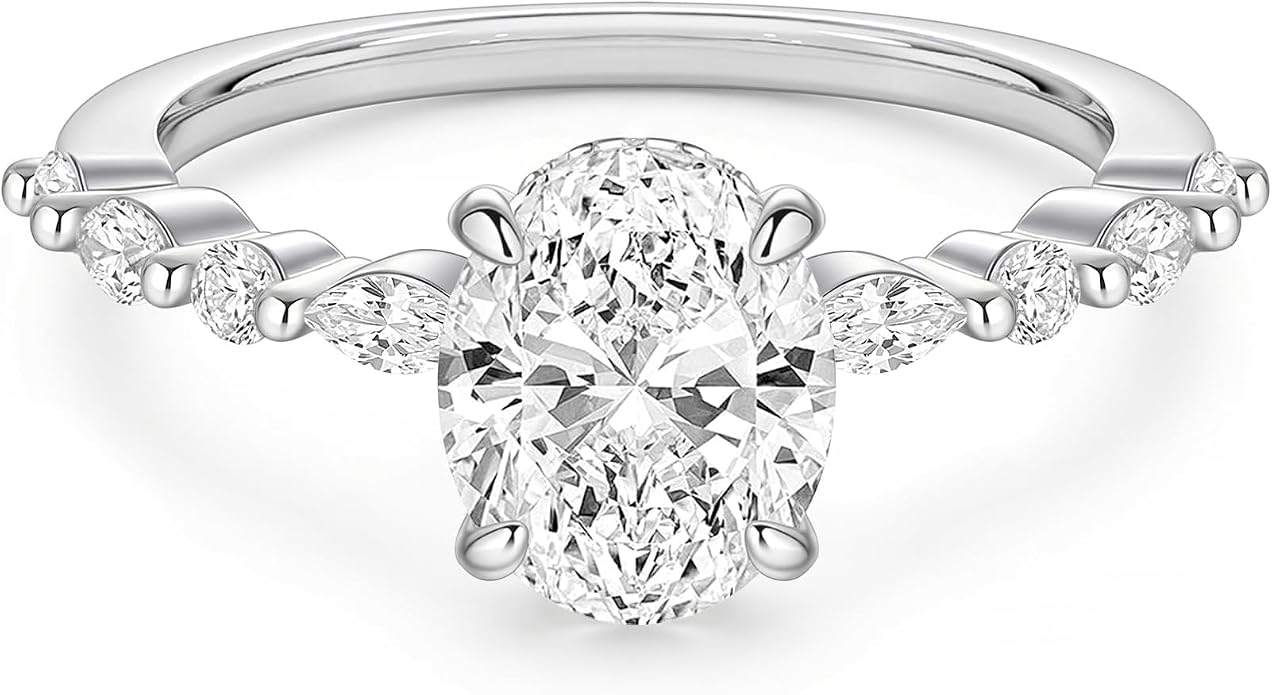 EAMTI 3 Carats 925 Sterling Silver Ring Oval Cut Cubic Zirconia Engagement Solitaire Marquise Promise Ring for Women Size 3-13