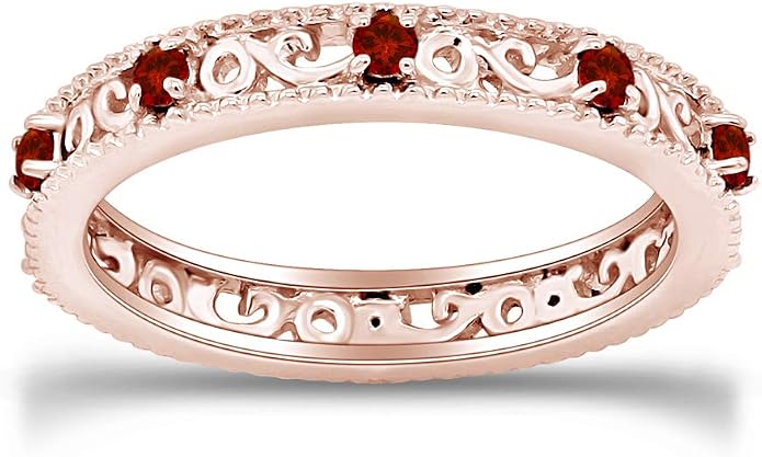 Jewel Zone US Filigree Eternity Wedding Band Ring for Women, Round Cut Simulated Gemstone Stackable Promise Ring in 14K Gold Plated 925 Sterling Silver Band Width 3.5mm – Elegant Jewelry for Her