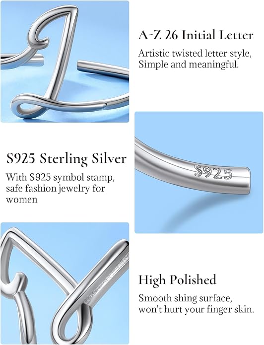 SILVERCUTE S925 Initial Rings, Adjustable Size 6-12 Statement Alphabet Letter A-Z Jewelry Personalized Twisted Initials Rings Sterling Silver Stacking Ring for Women