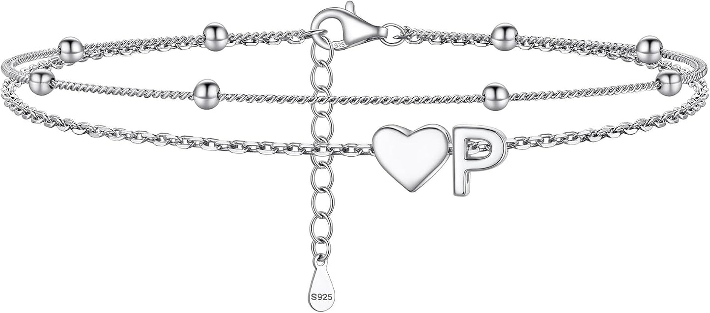 PROSILVER Ankle Bracelets for Women S925 Sterling Silver Anklets for Women Waterproof, Dainty Layered Heart Anklet, Beach Initial Anklet for Summer, Letter A-Z