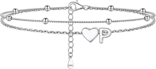 PROSILVER Ankle Bracelets for Women S925 Sterling Silver Anklets for Women Waterproof, Dainty Layered Heart Anklet, Beach Initial Anklet for Summer, Letter A-Z