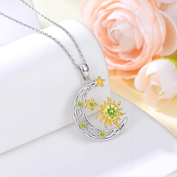 PELOVNY Sun and Moon Necklace for Women 925 Sterling Silver Sun Moon Star Birthstone Pendant Necklaces Birthday Christmas Jewelry Gifts for Mom Daughter Wife Sister