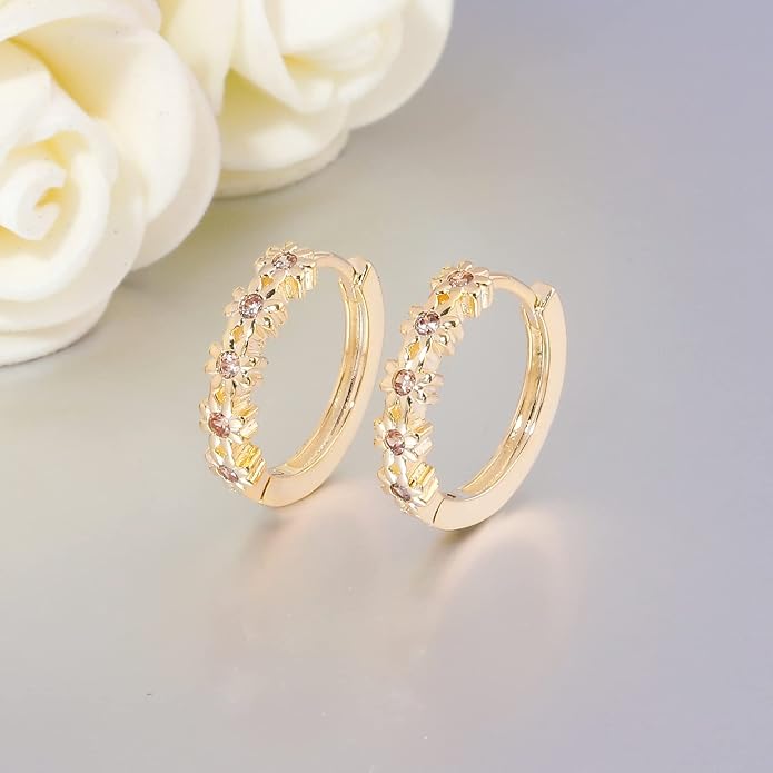 CiNily Small Hoop Earrings for Women Girls Flower Cubic Zirconia Huggie Earrings Hypoallergenic 14K Yellow Gold Plated Cartilage Earrings