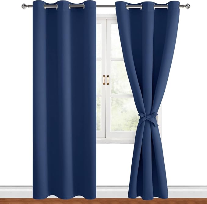 Hiasan Blackout Curtains for Bedroom, 38 x 84 Inches Long - Thermal Insulated & Energy Saving Window Curtains for Living Room, 2 Drape Panels Sewn with Tiebacks, Navy