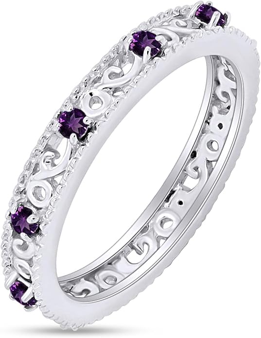 Jewel Zone US Filigree Eternity Wedding Band Ring for Women, Round Cut Simulated Gemstone Stackable Promise Ring in 14K Gold Plated 925 Sterling Silver Band Width 3.5mm – Elegant Jewelry for Her
