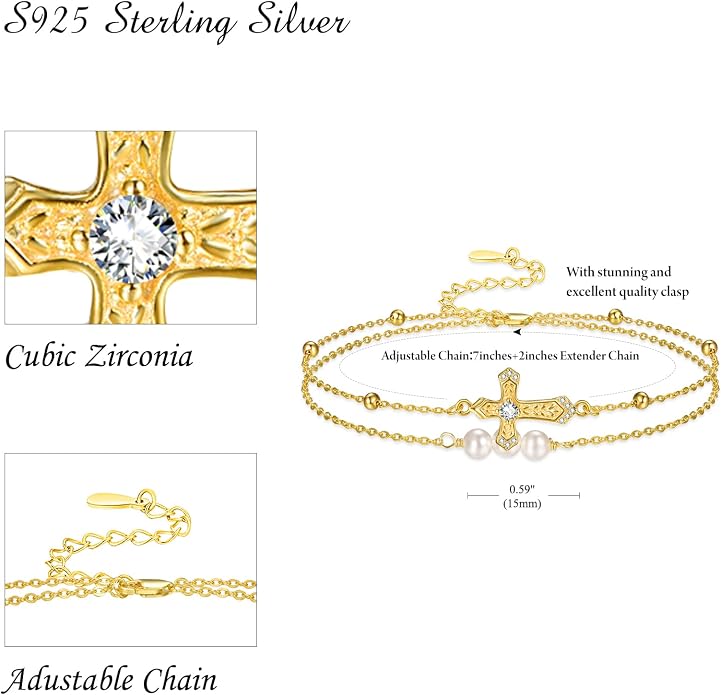 Palpitate Cross Anklet for Women Pearl Cross Ankle Bracelets 14K Gold Plated Adjustable Layered Foot Bead Chain for Women Beach Jewelry Christmas Gifts