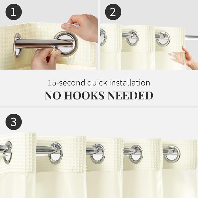 River Dream Cotton Blend Fabric Shower Curtain Set with Liner, Cream, 71x86 | Waffle Weave, No Hook Needed, with Snap in Replacement Liner, Top Sheer Window, Hotel Quality for Bathroom, Extra Long