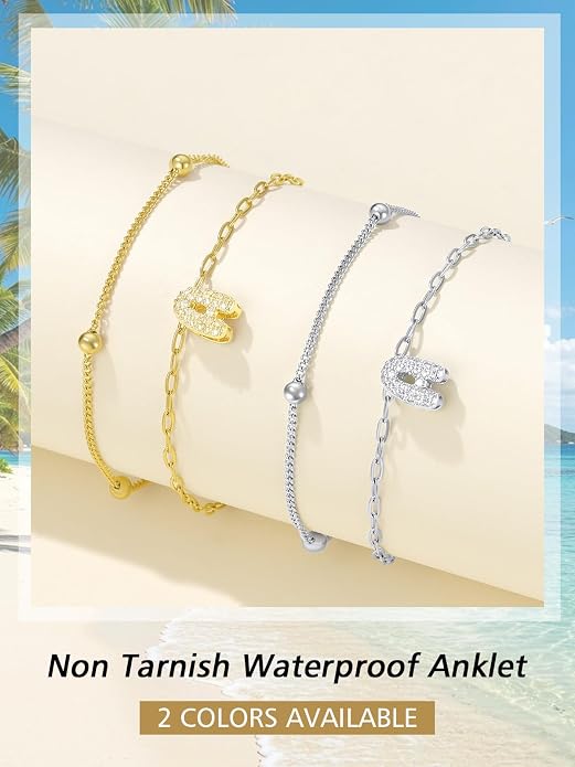 FindChic Silver/14K Gold Plated Layered CZ Initial Ankle Bracelet for Women | Waterproof Stainless Steel, Cubic Zirconia Letter Charm, Non-Tarnish, Hypoallergenic, Adjustable Extender, Summer Jewelry