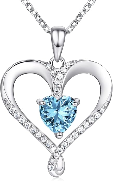 Birthstone Necklace for Women, 18K White Gold Heart Necklace Filled 925 Sterling Silver, Diamond Womens Jewelry Christmas Gifts for Women Wife