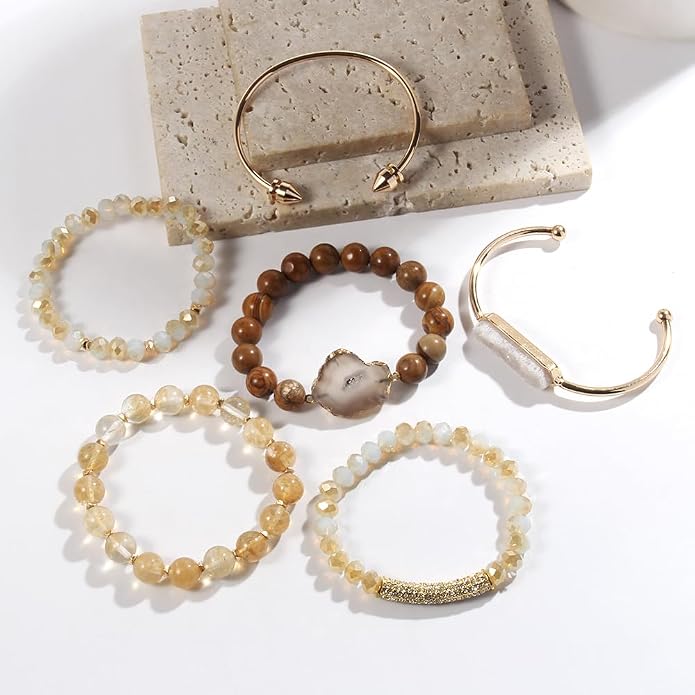 Yomisa 5PCS 6PCS Natural Boho Beaded Bracelets/Bangle for Women Men,Healing Turquoise Jasper Agate Crystal Gemstone Stone Chakra Multilayer Wrap Bohemian Handmade Jewelry Beads Stretch Bracelet Set