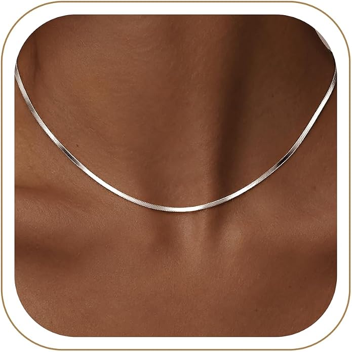 WomenGifts 14K Gold Silver Plated Herringbone Necklace for Women, Dainty Snake Chain Choker, Trendy Simple Long Layered Jewelry Non Tarnish, 3/4/5/8mm,14,16,18,20,22,24,26 Inch Thin & Chunky Options