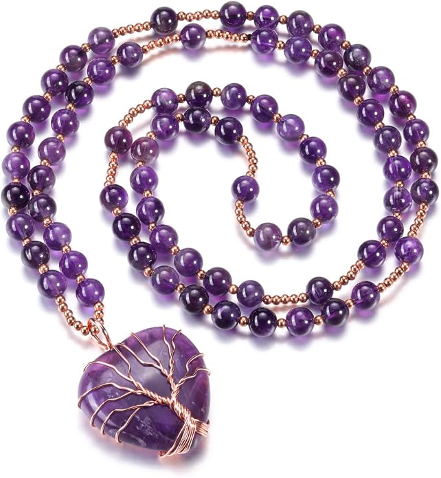 Top Plaza Healing Crystal Amethyst Necklace Natural Stone Beads Life Tree Wire Wrapped Teardrop Gemstone Pendant Jewelry for Women Mom