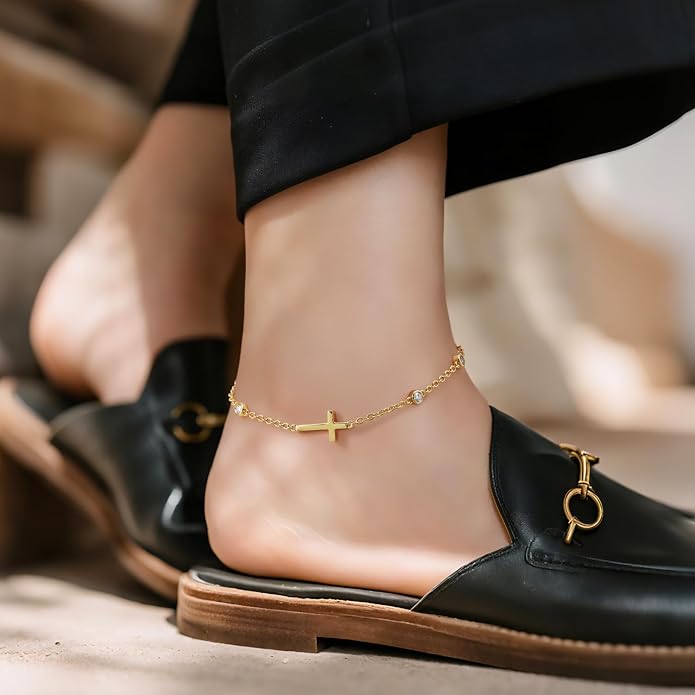 Gold Anklets for Women Ankle Bracelets for Women 14K Gold Anklets Bracelets for Womens Golden Anklet Cross Ankle Bracelet Spaced Evenly Cubic Zirconia Cross Anklet Bracelet for Womens Ankles 9.5+1.5in