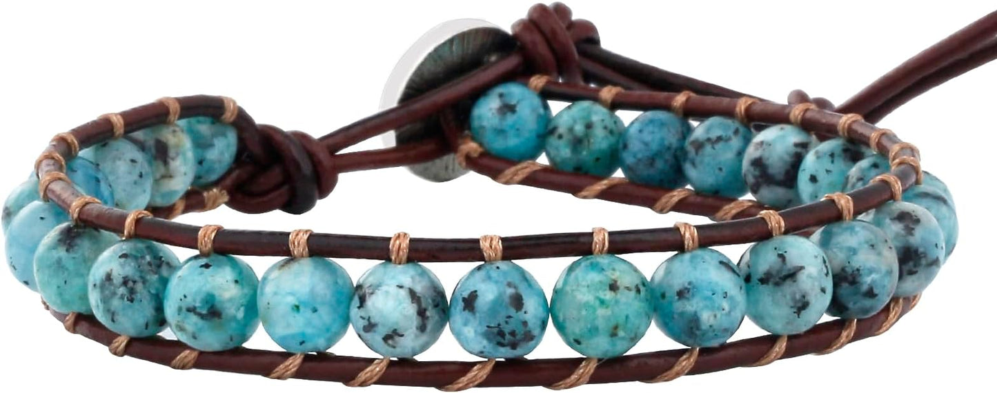 KELITCH Turquoise Mix Beaded Bracelets Single Wrap Bracelet on Brown Leather Handwoven New Jewelry