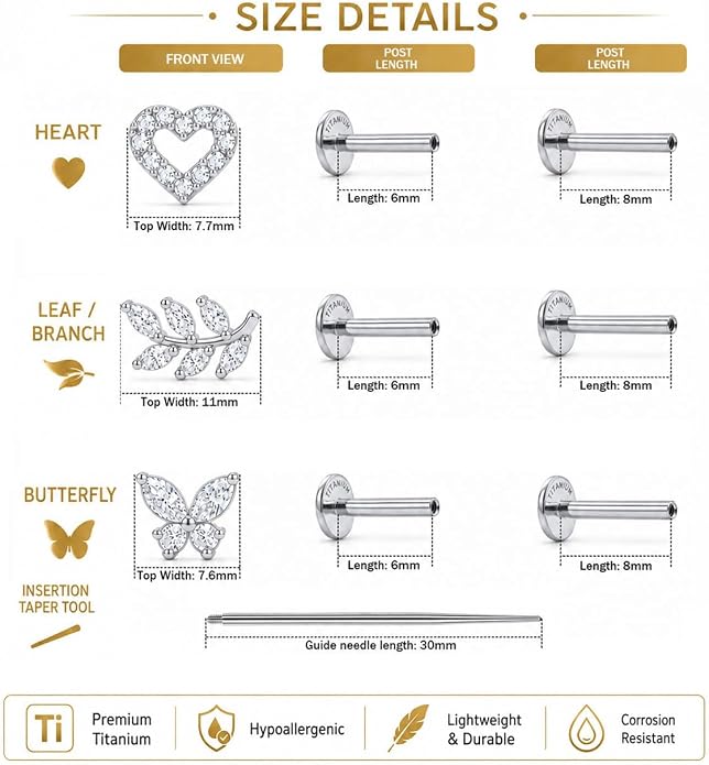YACHY G23 Titanium Flat Back Stud Earrings, Internally Threaded Screw-On Hypoallergenic Body Piercing Jewelry for Everyday Wear, Tragus Helix Conch Monroe Medusa Lip, 18G 6mm 8mm