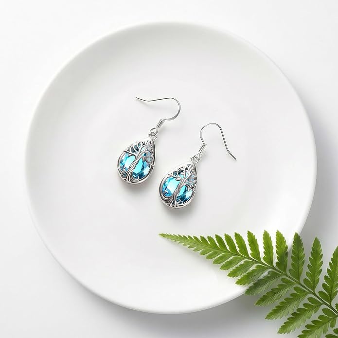 Eusense Sterling Silver Dangle Earrings for Women Tree of Life Animals Moonstone Turquoise Leverback Earrings Jewelry Gifts
