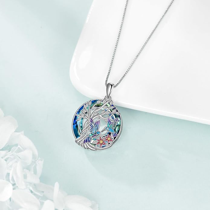 TOUPOP Sterling Silver Tree of Life Hummingbird/Dragonfly/Owl/Panda Necklace Crystal Bird Jewelry Birthday Christmas Valentines Day Gifts for Her Girlfriend Mom