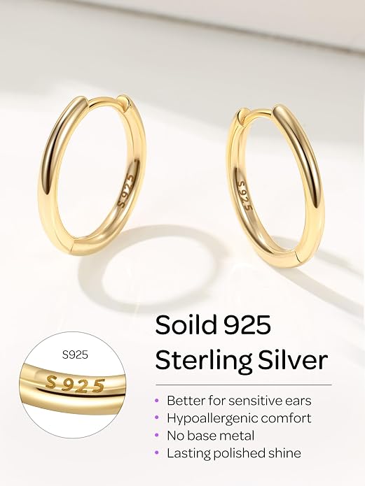 ChicSilver Sterling Silver Hoop Earrings for Women Hypoallergenic 925 Sterling Silver Huggie Earrings for Women Dainty Earring (8/10/12/14/16/18/20MM)