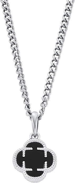 CRAFTD - Black Onyx Clover Stone Pendant Necklace - A Symbol of Luck - 20.5" (2mm) Cuban Link Chain - Mens Jewlery - Hypoallergenic - Waterproof, Heat & Sweat Resistant