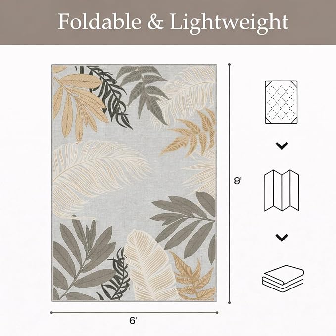 GENIMO 6x9 Outdoor Rug, Washable for Patio and Deck, Sand Grey | Botanical leaf design for dining area; fade resistant chenille with quick-dry non-slip backing for indoor sunroom.