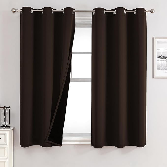 ChrisDowa 100% Blackout Curtains for Bedroom 45 Inches Long 2 Panels Set | 2 Thick Layers, Thermal Insulated, Light Blocking, Grommet, Window Treatment, Living Room Drapes, Brown, 42 x 45 Inch