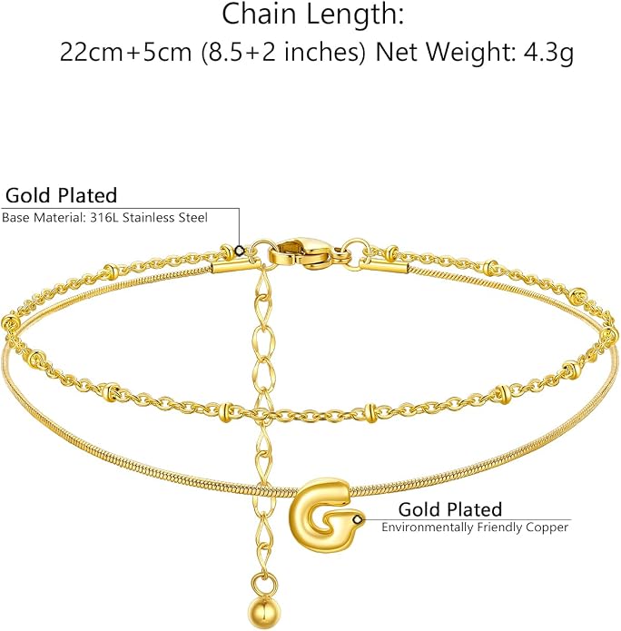 ChainsProMax Initial Ankle Bracelets for Women, Waterproof Anklets Bracelet Adjustable Summer Beach Women Foot Jewelry, Stainless Steel/Gold Plated-Send Gift Box/Letter A-Z