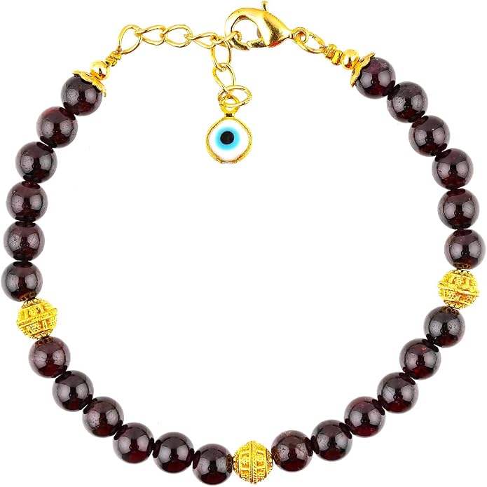 AAA Grade Natural Gemstone Beaded Bracelet, 14K Gold Plated with Evil Charm, Wicca & Reiki Healing Crystals, Handmade Bohemian Jewelry, Christmas Gift for Women (7+1inch)