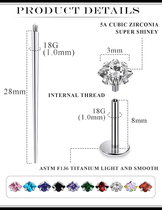 20G 18G 16G Astm F136 Titanium Internal Thread Flat Back Earrings Nose Studs Tragus Helix Conch Cartilage Lobe Earrings Medusa Labret Snake Bite Monroe Lip Ring Piercing Jewelry For Women Men