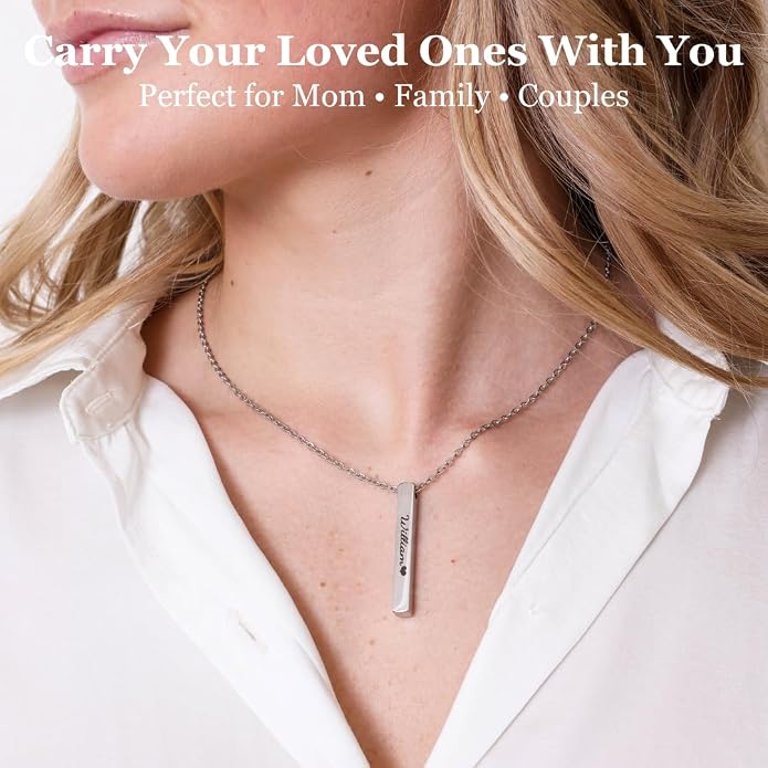 Custom Engraved 3D Vertical Pillar Bar Necklace – Personalized Name Pendant – 1 to 4 Sides – Non-Tarnish Stainless Steel – Gold/Silver – Adjustable Chain – Gift for Her, Mom/Dad With Kids Names