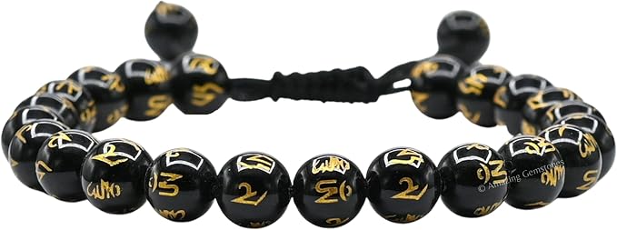 Amazing Gemstone Om Mani Black Agate Bracelet for Women Men's Gifts - Protection Healing Crystal Bracelet - 8mm Gemstones Beaded Adjustable Bracelet Pulseras para Hombres Mujer Stocking Stuffers