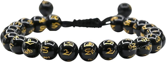 Amazing Gemstone Om Mani Black Agate Bracelet for Women Men's Gifts - Protection Healing Crystal Bracelet - 8mm Gemstones Beaded Adjustable Bracelet Pulseras para Hombres Mujer Stocking Stuffers