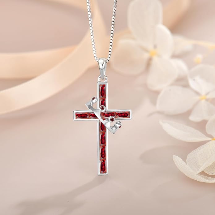 Gemstone Crown Cross Necklaces for Women, 925 Sterling Silver Rectangular cut Zircon Pendant With Rotated Crown Faith Cross Jewelry Gift