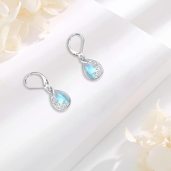 Dangle Earrings Sterling Silver Moonstone/Turquoise/CZ/Crystal Earrings for Women Tree of Life Animal Filigree Leverback Earrings Jewelry Gifts