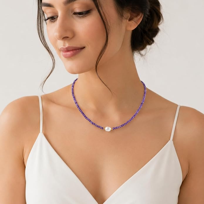 InfinityGemsArt Gemstone Gold Necklace For Women, Birthstone Natural Crystal Stone With Freshwater Pearl Beaded Jewelry, Gold Plated 18 Inch Chain