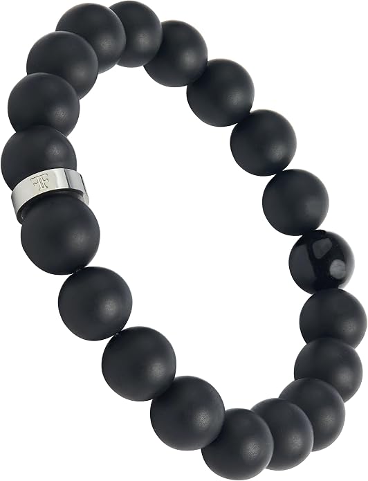 Forge & Foundry Men’s Matte Black Solid Onyx Beaded Bracelet | 10mm, 8mm, 6mm Bead Size Options | Signature Stainless Steel Engraved Bead | Andalus