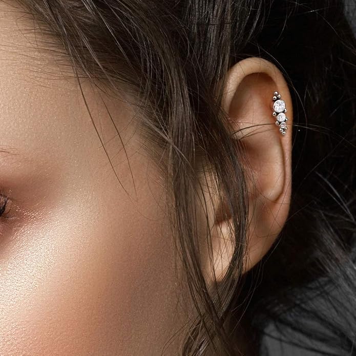 Pierced Owl - 16G G23 Implant Grade Titanium Internally Threaded Descending Triple Round CZ Crystal and Ball Clusters Flat Back Labret Monroe Lip Cartilage Helix Ear Lobe Stud