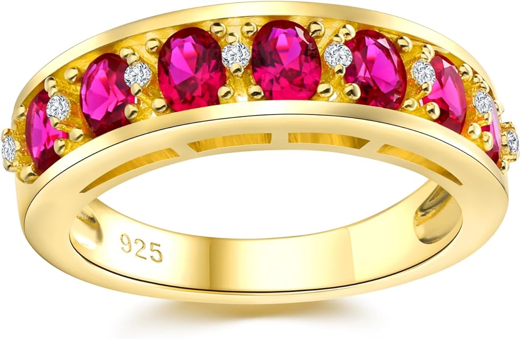 DAYBYDAY Oval Band Rings for Women, 925 Sterling Silver/14k Gold Plated Half Eternity Ring, Aquamarine/Ruby/Emerald/Sapphire Birthstone Rings, Thick Band Gemstone Anniversary Ring Size 6 to 10