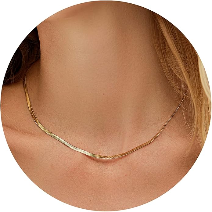 EASYHAUTE 14K Gold/Silver Plated Snake Chain Herringbone Necklace Hypoallergenic Dainty Choker Waterproof Jewelry Gift for Women Girl 3/4/5MM(W) 14"/16"/18"/20"(L)