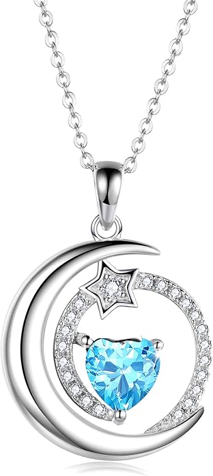 S925 Sterling Silver Birthstone Pendant Necklace Moon Star Necklace Jewelry Gift for Women Anniversary Valentine's day